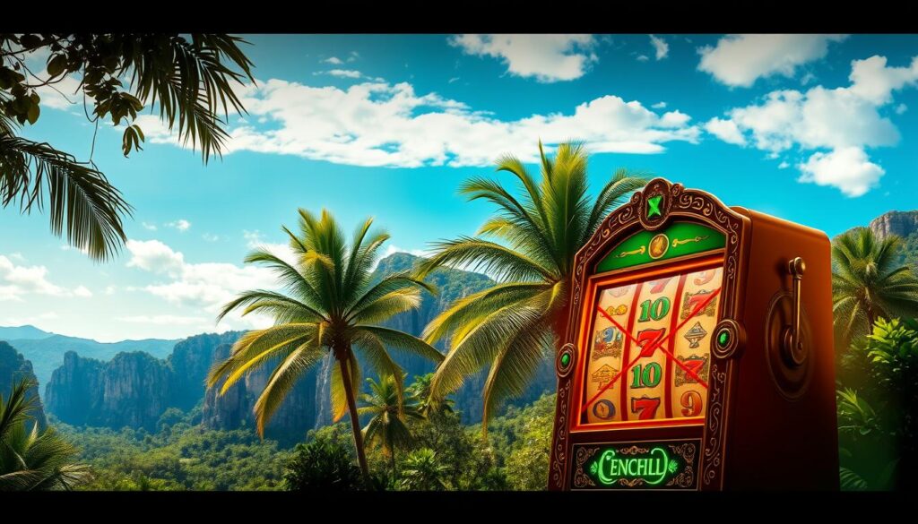 A visually striking image of a slot machine against a backdrop of a lush, tropical jungle. The slot machine, adorned with intricate gold and emerald detailing, stands in the foreground, casting a warm glow. In the middle ground, a group of verdant palm trees sway gently in a soft breeze, creating a sense of tranquility. The background is a stunning vista of rugged, sun-dappled cliffs and a vibrant blue sky, hinting at the exciting possibilities that await the player. The overall composition evokes a sense of adventure, luxury, and the thrill of the game. Subtle lighting from above casts dramatic shadows, adding depth and drama to the scene.