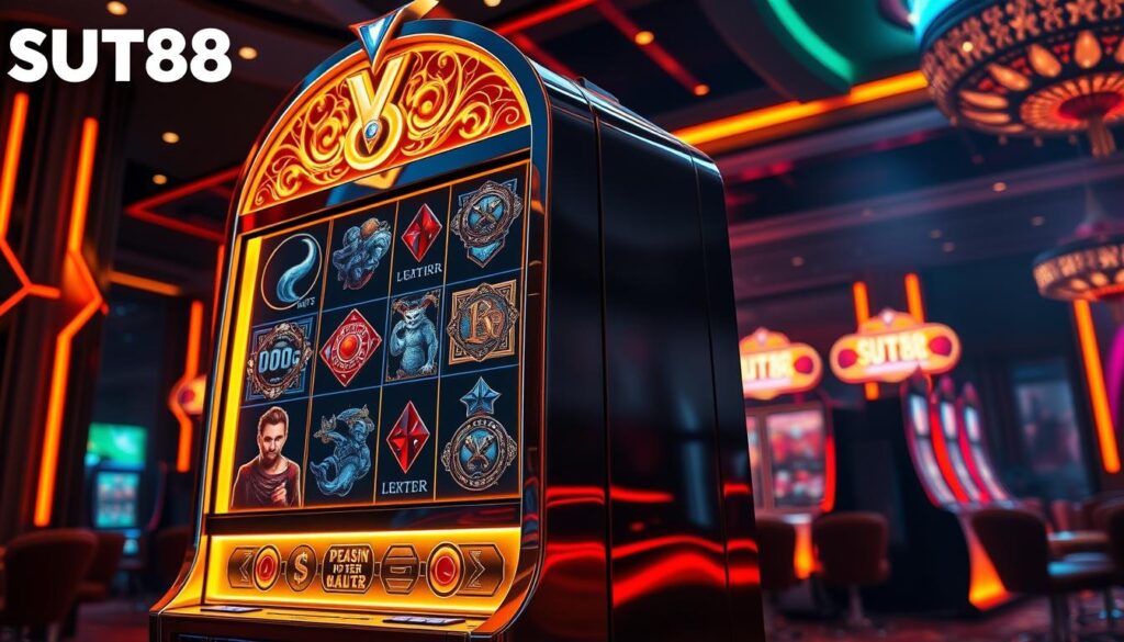 A visually striking slot machine prominently featured on the SUT88 online gaming platform. The machine's sleek, metallic exterior gleams under warm, focused lighting, creating a sense of opulence and excitement. Intricate, futuristic symbols and designs adorn the reels, hinting at the game's high-tech and immersive nature. The machine is set against a backdrop of a dimly lit, luxurious casino environment, complete with rich, jewel-toned accents and a subtle, atmospheric haze. The overall composition conveys a mood of sophistication, anticipation, and the promise of substantial rewards for the discerning player.