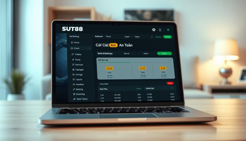 Detailed image of a modern sports betting platform &quot;SUT88&quot;, showcasing a sleek and intuitive user interface on a laptop screen. The platform features a prominent &quot;Cá Cược An Toàn&quot; (Safe Betting) section, highlighting secure and trustworthy betting services. The laptop is set against a blurred background of a cozy home office, with warm lighting and muted tones creating a welcoming atmosphere. The overall composition emphasizes the safety and reliability of the SUT88 platform, inviting the viewer to explore its features with confidence.