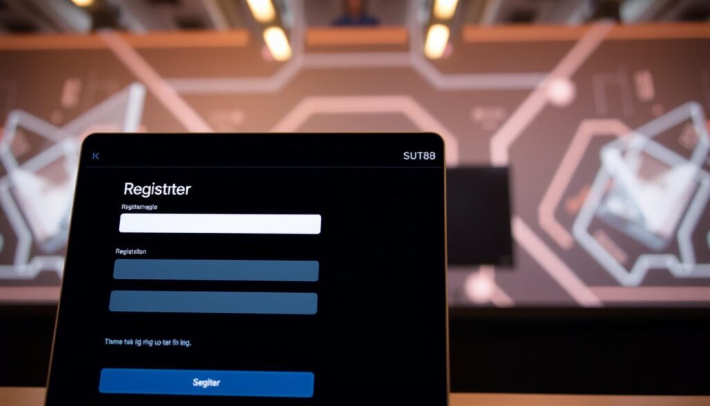 Detailed image of a modern, user-friendly interface for registering on the SUT88 platform. Prominently displayed in the foreground, a sleek and intuitive registration form with clean lines and input fields. In the middle ground, a background of a minimalist, futuristic-looking digital environment, with subtle gradients and geometric shapes, conveying a sense of technology and innovation. Soft, warm lighting illuminates the scene, creating a welcoming and accessible atmosphere. The overall impression should be one of efficiency, simplicity, and the ease of the registration process, reflecting the &quot;Lợi ích khi tham gia SUT88 IO&quot; section of the article.