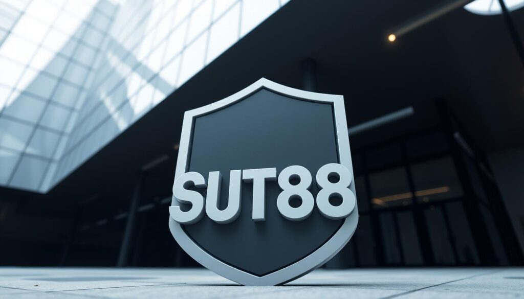Highly secure and official SUT88 logo against a backdrop of sleek, modern architecture. Precise lines, sharp edges, and a muted color palette convey a sense of authority and professionalism. Soft, directional lighting from the side casts dramatic shadows, emphasizing the three-dimensional depth and solidity of the design. The camera angle is low, looking up at the logo to project an imposing, authoritative presence. The overall mood is one of trust, reliability, and uncompromising security.