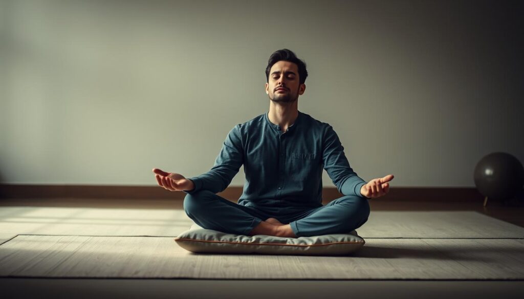 a serene and focused man sitting cross-legged on a meditative cushion, deep in contemplation, his eyes closed and face calm, surrounded by a minimalist, zen-inspired environment with soft lighting and muted colors, creating a sense of inner peace and emotional control, conveying the idea of effective psychological techniques for maintaining stability and composure while engaging in gambling activities